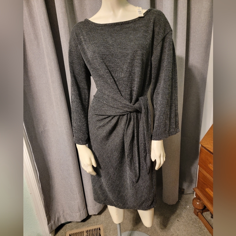 NWT Max Studio Ribbed Knit Charcoal Women's Large Tie Front Sweater Dress